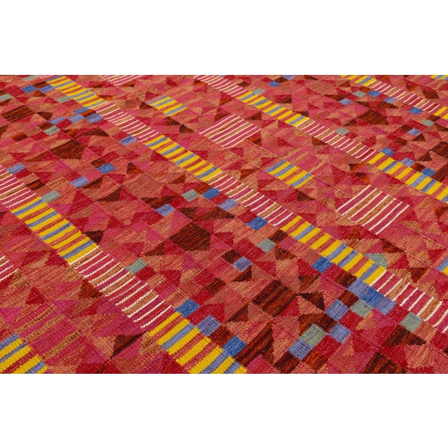 Vibrant Terracotta Geometric Kilim Rug Modern Swedish-Style Wool Flatweave 10x14 For Sale - Image 9 of 10