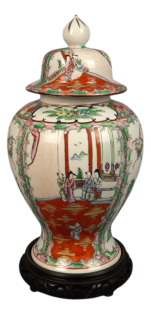 Vintage Hand-Painted Potiche Porcelain Vase with Wooden Base, 1950s