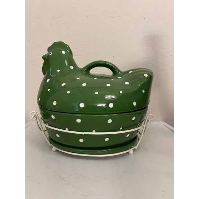 Farmhouse Vintage Ceramic Green & White Hen Casserole Set For Sale - Image 3 of 9