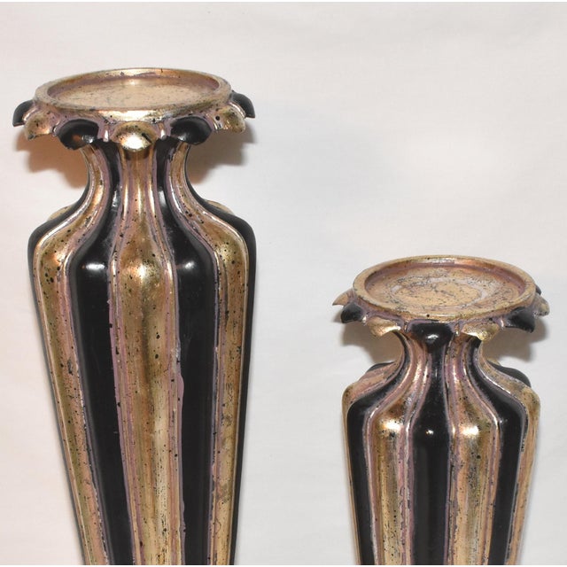 Contemporary Late 20th Century Candlesticks Holders 2pc Set Black Gold Pillar Candle Stands 19" For Sale - Image 3 of 5