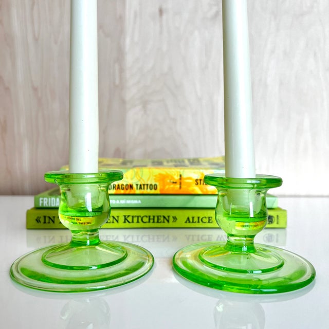 Pair of Early 20th Century Green Glow Candleholders For Sale In Austin - Image 6 of 7