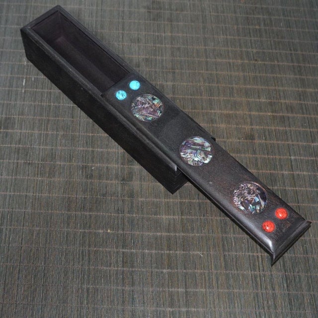 Vintage Rosewood Sliding Box With Abalone Shell & Turquoise Inlay - Long Jewelry or Incense Box For Sale - Image 9 of 9