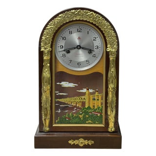 Oriental Vintage Arch Top Wooden Mantel Color Scenery Graphic Display Clock For Sale