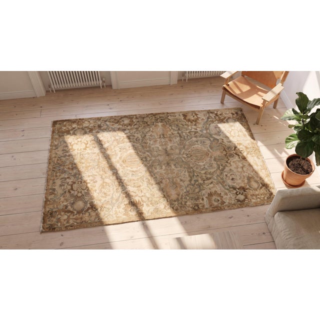 Brown 1920s Tan Camel Polonaise Antique Indian Agra Rug 4'9" X 7'10" Handknotted Wool Carpet For Sale - Image 8 of 10