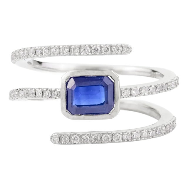 14k Gold East West Blue Sapphire & Diamond Spiral Cocktail Ring Size 6.5 For Sale