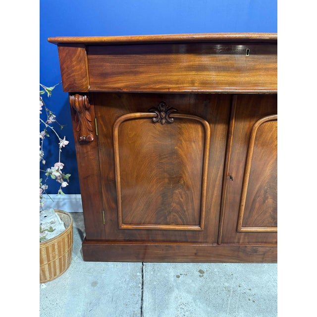 Antique Victorian Carved Flame Mahogany Sideboard For Sale - Image 3 of 18