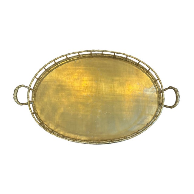 Metal Vintage Brass Faux Bamboo Oval Tray / Drinks / Side / Accent Table With Folding Stand, in the Manner of Maison Baguès For Sale - Image 7 of 10