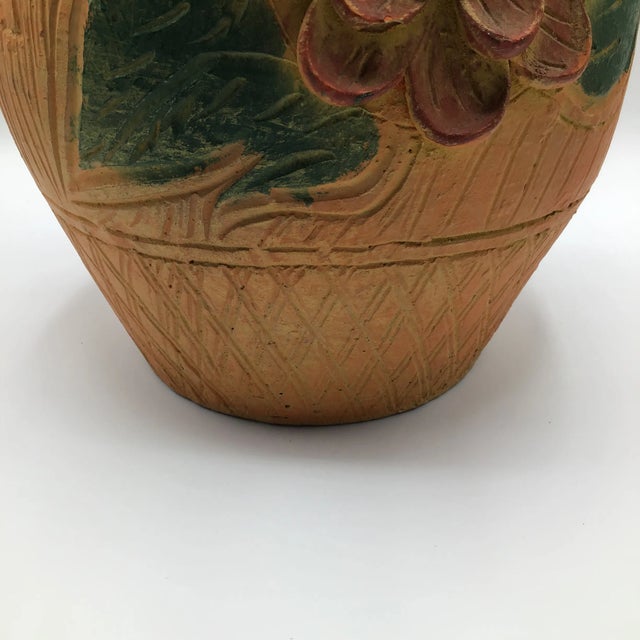 Large Hand Thrown 3 Handle Terra-Cotta Vase Floral Decorated For Sale - Image 12 of 13