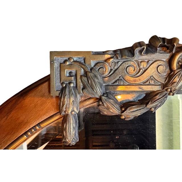1920s French Art Deco Oval Oak Mirror With Brass Appliqué For Sale - Image 4 of 13