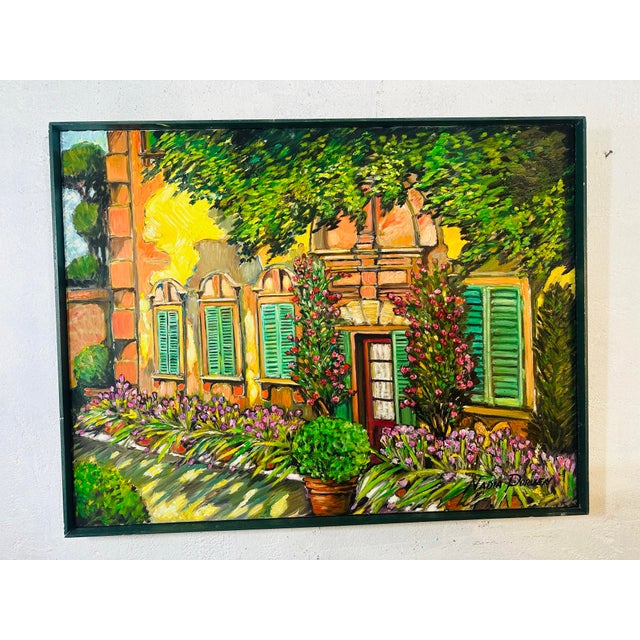 This colorful painting is a beautiful illustration of a facade of a home with special architectural elements and...