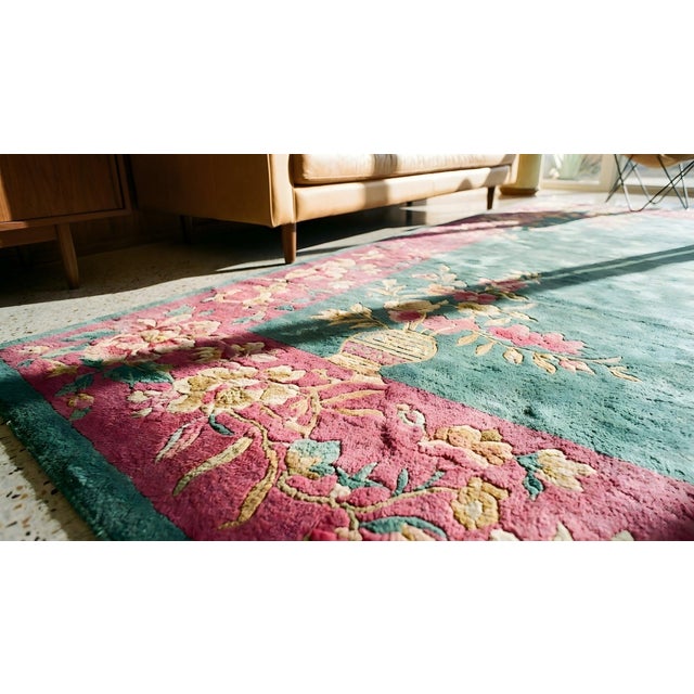 1920s Green Floral Antique Chinese Art Deco Rug 8'9" X 11'3" Handknotted Wool Carpet For Sale - Image 9 of 9