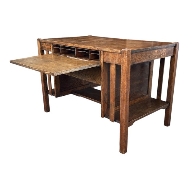 1920s Restored Antique Mission Oak Drop-Leaf Writing Desk, C. 1920s For Sale - Image 5 of 15