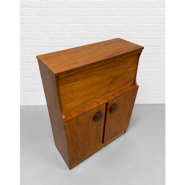 Wood Mid Century Modern Teak Bar Cabinet | Mirrored Home Bar With Drop-Down Serving Surface, C. 1960’s For Sale - Image 7 of 14