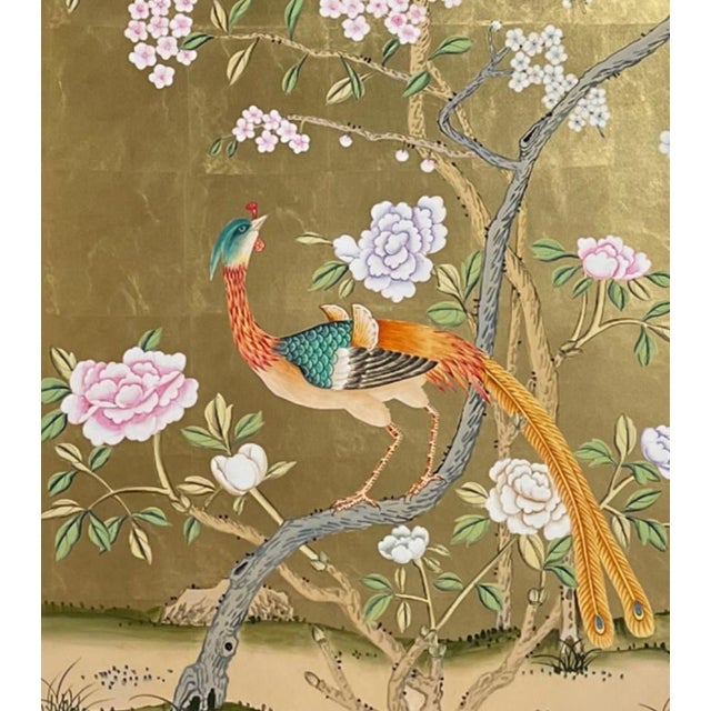 Hand‑Painted Gold Foil Chinoiserie Mural Panels, Exotic Bird & Floral Motifs, Set of 2 For Sale - Image 4 of 4