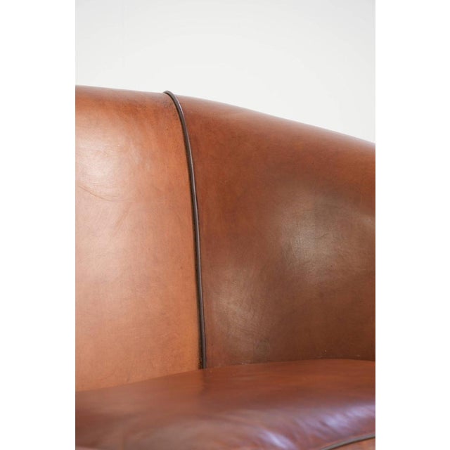 Sheepskin 2-Seater Sofa with Warm Cognac Brown Color Scheme and Finish with Black Piping For Sale - Image 12 of 15