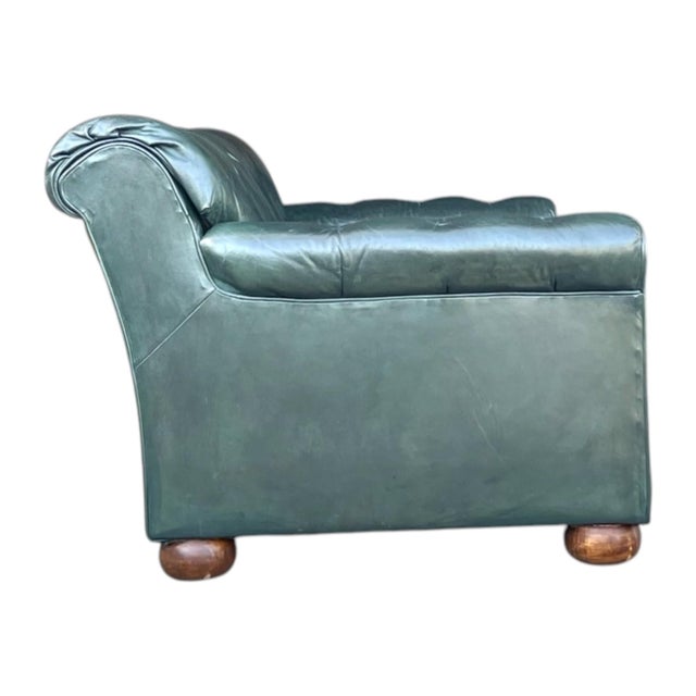 Wood Vintage Dark Green Tufted Leather English Club Loveseat For Sale - Image 7 of 14