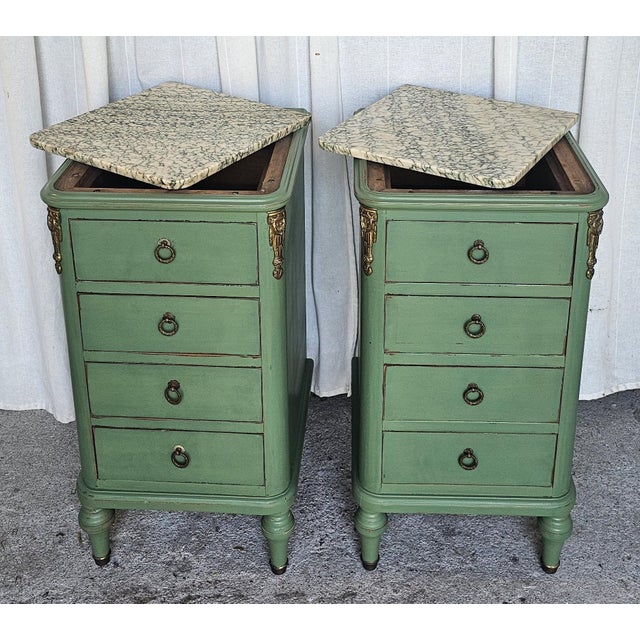 Vintage Pair of Nightstands, French Louis XVI Style Marble-Top For Sale - Image 10 of 18