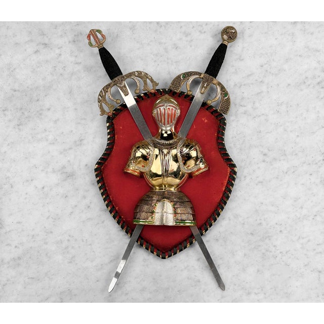 - Original 1970's Spanish Revival Coat of Arms Wall Plaque - Red Velvet Shield with Contrasting Black Roped Edge - 17"...