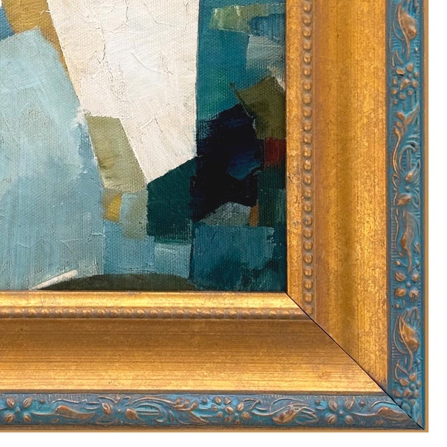 2020s Blue and Green Abstract Oil Painting in Vintage Frame For Sale - Image 5 of 6