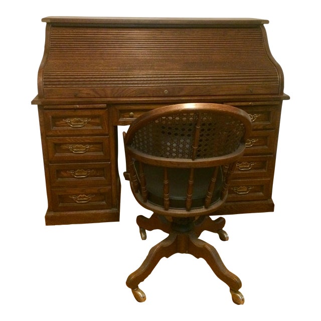 1970s Oak Rolltop Desk With Chair Chairish