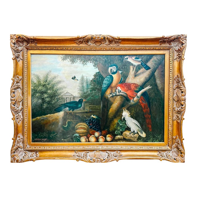 1980s Grand Scale Tropical Macaw & Cockatoo Oil Painting in Gilt Frame, After Jakob Bogdány For Sale