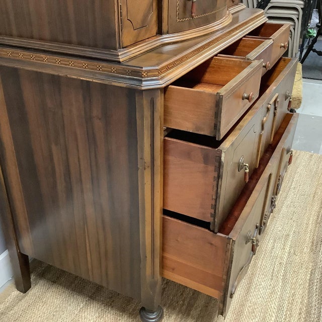 Antique Burled Wood Dresser Bakelite Handles 10 Drawer Tiered Inlaid Trim Solid Wood Depression Era For Sale - Image 10 of 12