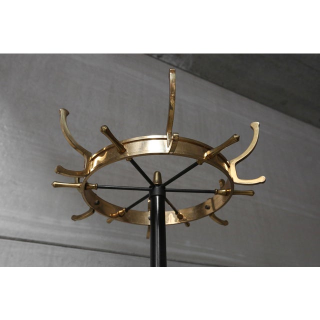 Mid-Century Black Metal and Brass Coat Rack attributed to Jacques Adnet, France, 1950s For Sale - Image 10 of 14