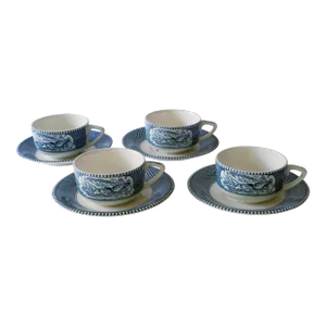 Mid 20th Century Currier & Ives Cups and Saucers Set- 8 Pieces