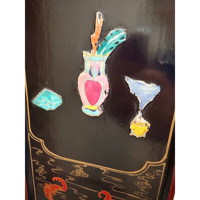 Chinese Lacquer Wall Panel With Polychrome Relief Motifs — 7" X 30" For Sale - Image 4 of 6