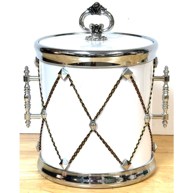 Elegant Hollywood Regency White & Silver Drum Form Ice Bucket/Cooler Japan, Circa 1960s Appears to have never been used....