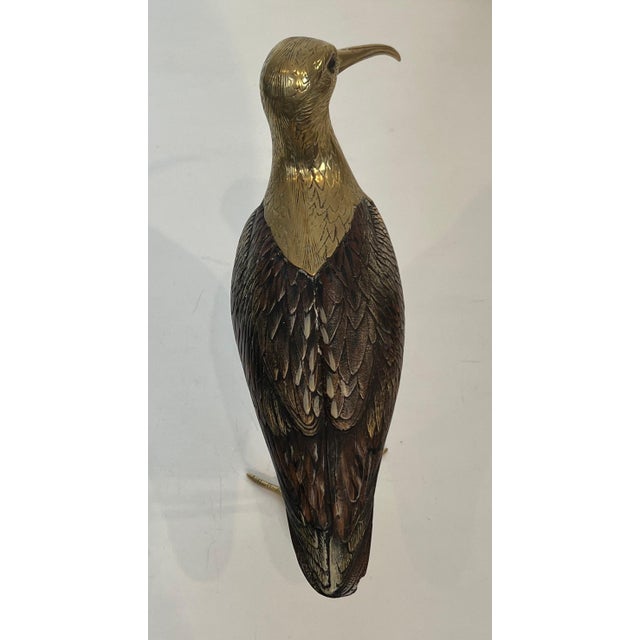 1970s Sculpture representing a bird in polychrome wood and brass. Italian work signed For Sale - Image 5 of 12