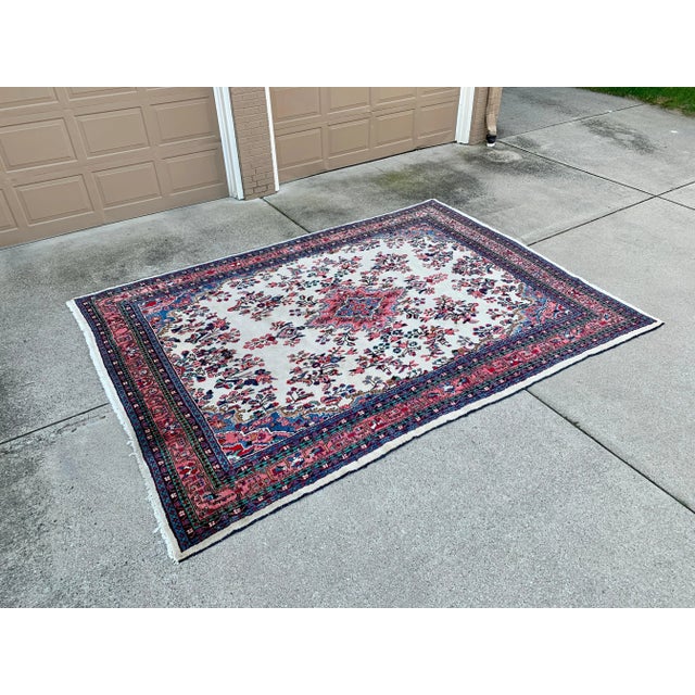 Vintage Persian Hand-Knotted Wool Rug With Ivory Field & Rose Floral Medallion For Sale - Image 4 of 12