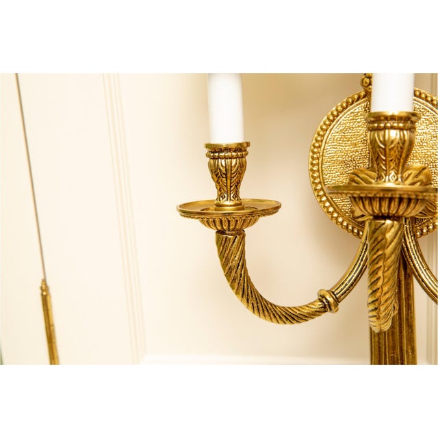 Metal Vintage Louis XVI Neoclassical Revival Style Bronze Three-Light Wall Sconces—A Pair For Sale - Image 7 of 8