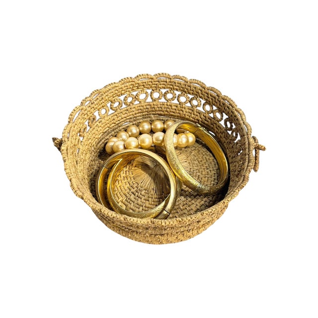 Antique French Provincial Handwoven Coiled Rope Basket With Ring Handles For Sale - Image 4 of 18
