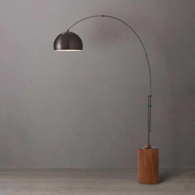 Mid-Century Modern 92" Tambo Floor Lamp,1980s - Mid Century Arc Lamp, Black Nickel Body Finish, Dimmable, Dark Walnut Base For Sale - Image 3 of 9