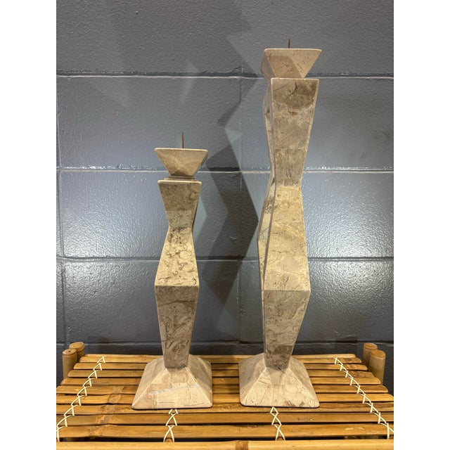 Mid-Century Modern Vintage Postmodern Tessellated Stone Candlesticks, Pair, Karl Springer Style For Sale - Image 3 of 5
