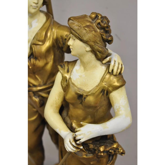 Antique French Renaissance Moreau Figural Metal Table Lamp, Wife & Farmer For Sale In Philadelphia - Image 6 of 12