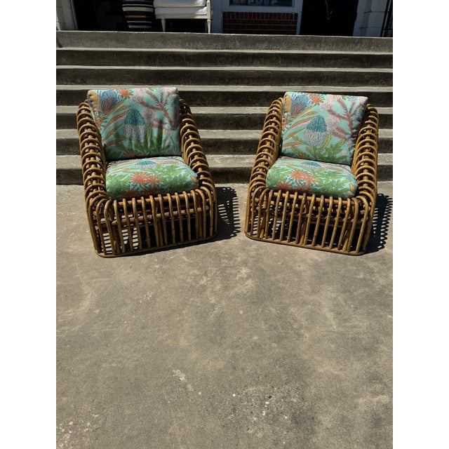 Exceptional pair of Henry Olko style rib cage Bamboo lounge chairs that have been newly reupholstered in Thibaut’s high...