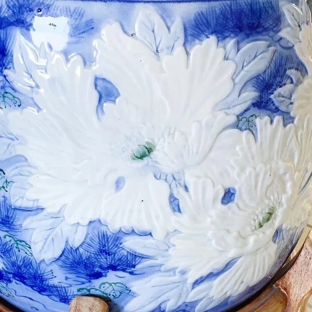 Antique Chinese Planter With Raised Peonies in Blue & White on Wood Stand For Sale - Image 4 of 7
