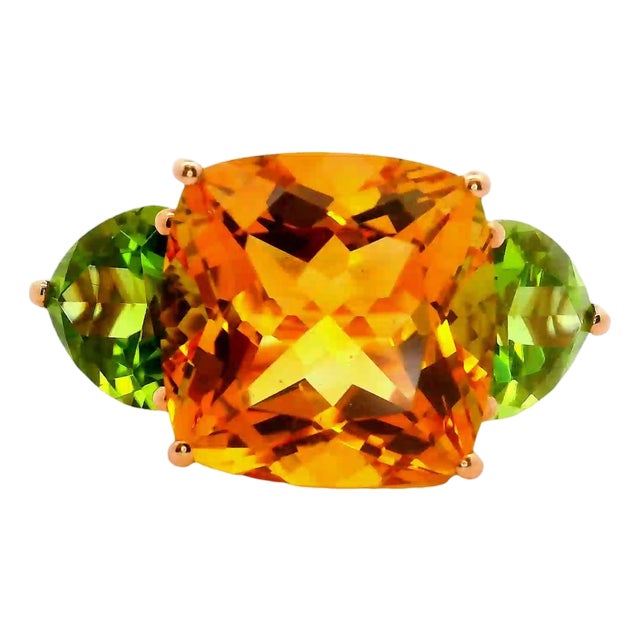 Citrine Peridot 14k Gold Three-Stone Ring, Size 7 For Sale