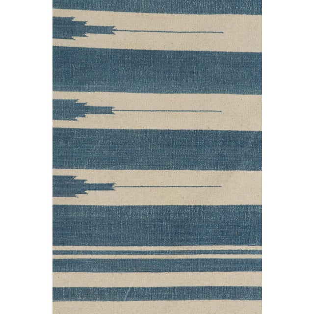 Contemporary Rug & Kilim’s Contemporary Dhurrie Rug in Blue and Cream White Stripes For Sale - Image 3 of 7