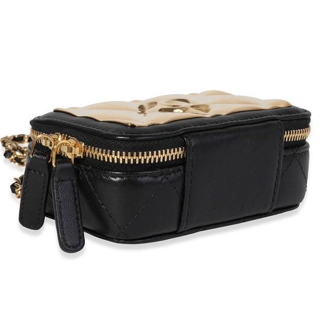Gold Quilted Metal & Black Lambskin Mini Vanity Bag For Sale In New York - Image 6 of 8