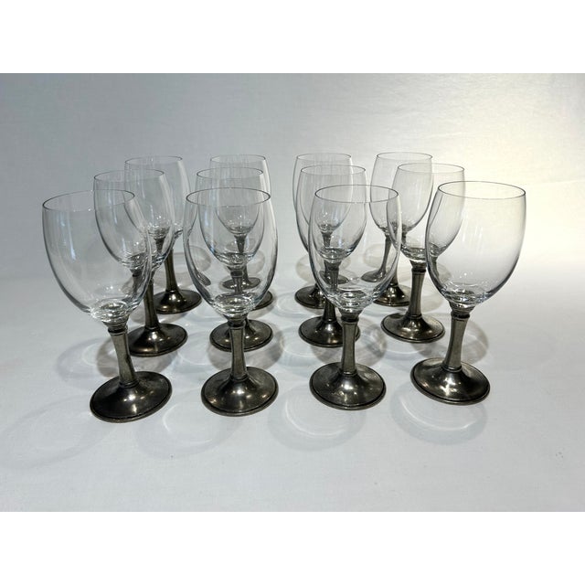 Italian Williams-Sonoma 3” Diameter Pewter Stem Hand-Blown Crystal Wine Glasses - Set of 12 For Sale - Image 3 of 3