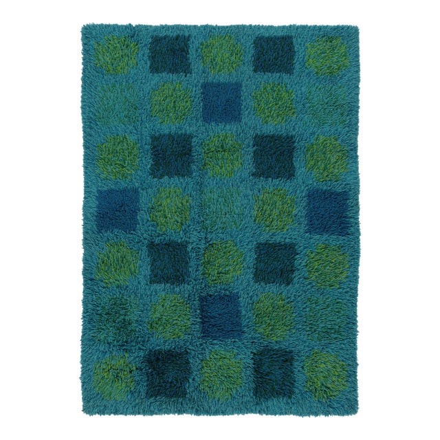 Vintage Swedish Rya Rug, Teal With Color-Block Checkerboard - Rug & Kilim For Sale