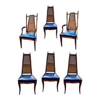 Mid-Century Hollywood Regency Wood and Cane Dining Chairs- Set of Six For Sale