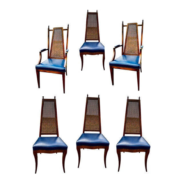 Mid-Century Hollywood Regency Wood and Cane Dining Chairs- Set of Six For Sale