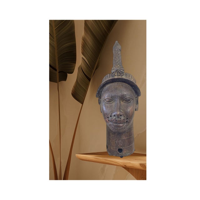 Bronze Large Vintage Benin Bronze Head of a King Oba Nigeria African 21.5" H For Sale - Image 8 of 8