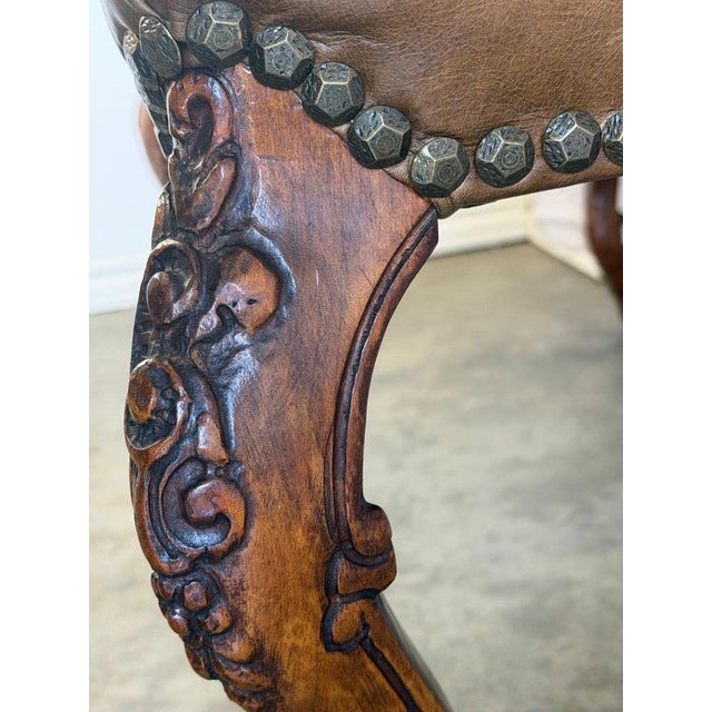 Antique French Louis XV Bench, Hand-Carved Wood & Brown Leather For Sale - Image 14 of 14