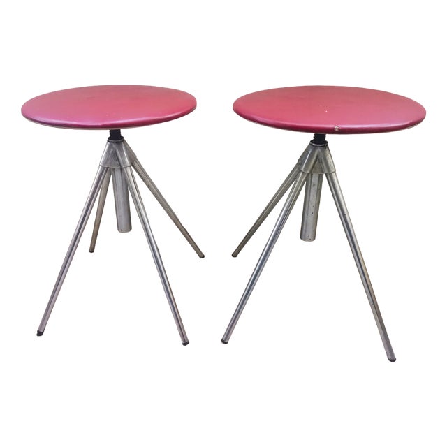 Set of German Red Leather Swivel Filigree Rotating Stools attributed to Hailo 1960s For Sale