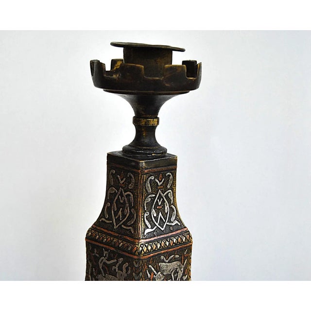 Metal Silver Copper Inlaid Antique Lamp Candlestick Safavid Mughal Engraved For Sale - Image 7 of 8